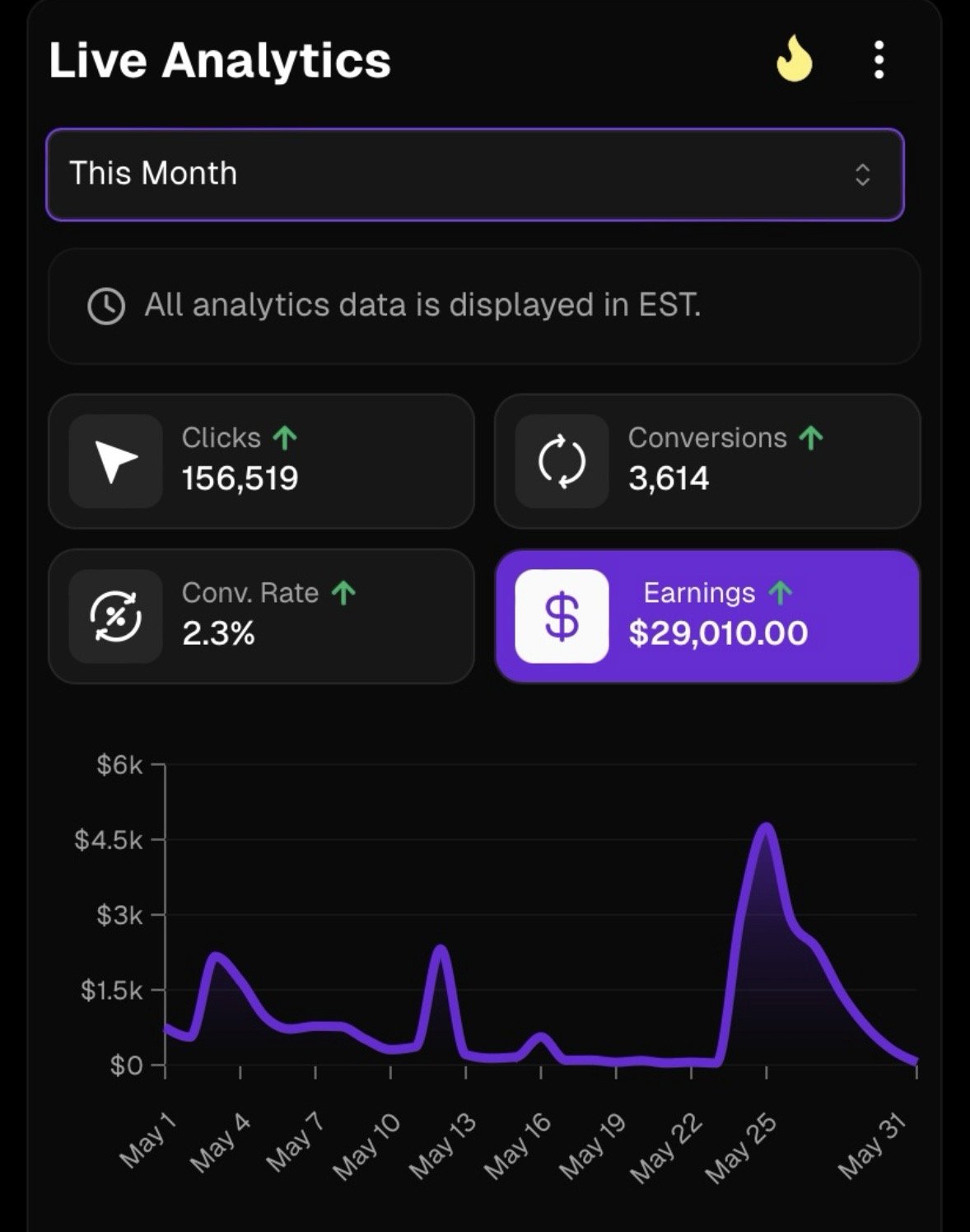 Analytics showing $29,010 earnings
